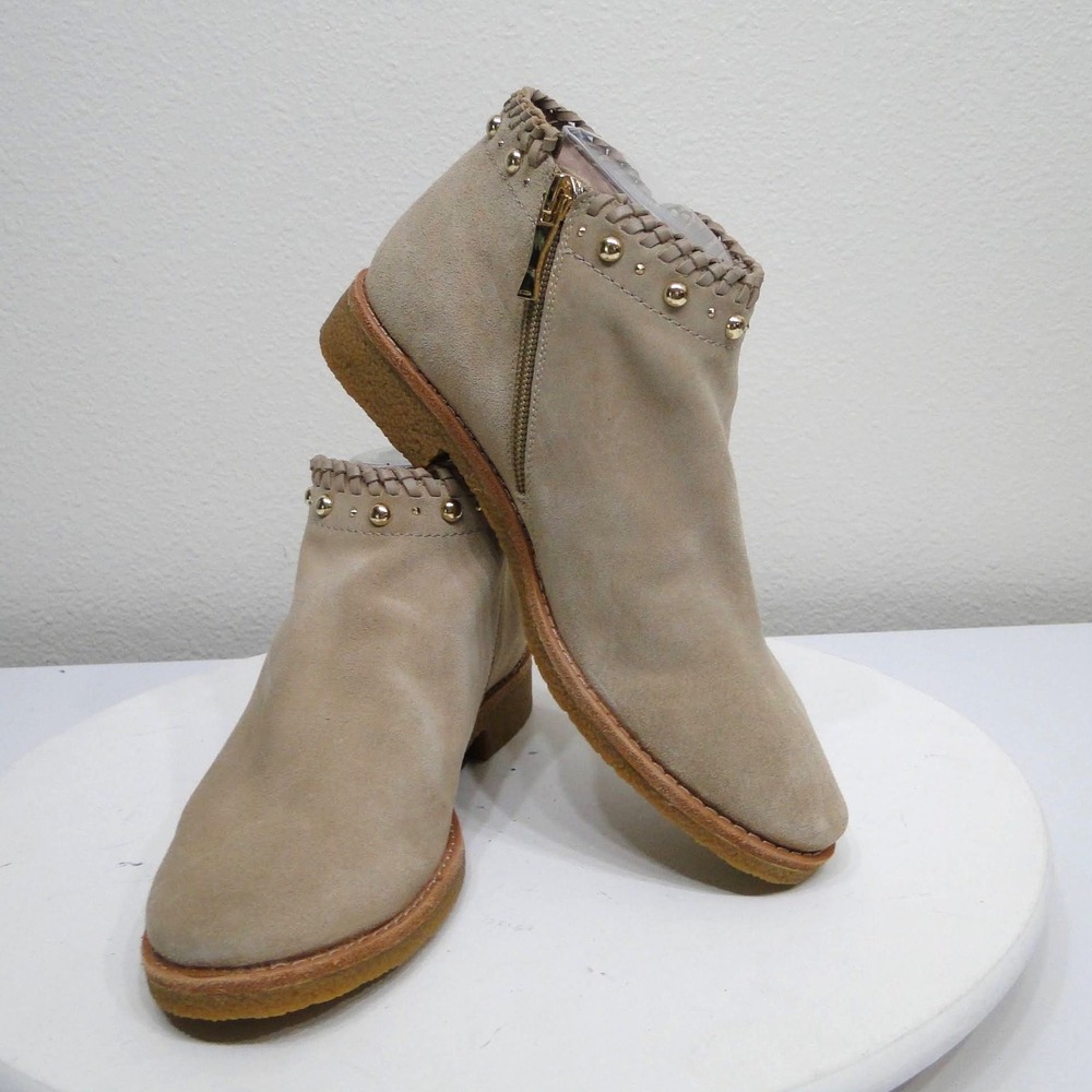 Kate Spade New York Women Suede Ankle Boots Tan Tassel Studded Braided Trim 7.5M